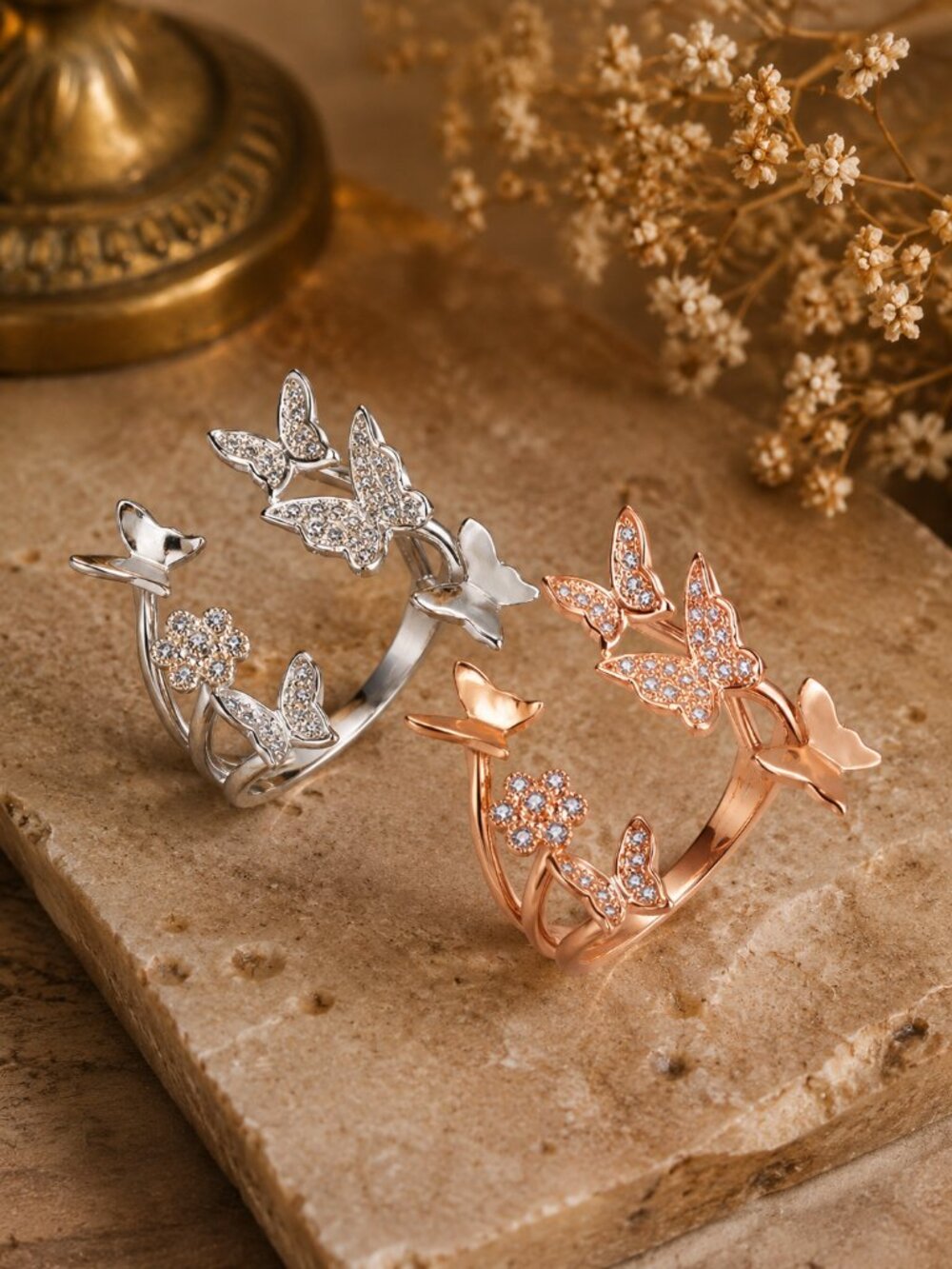 Flutter Butterfly CZ Ring Adjustable Rose Gold White Gold Ring